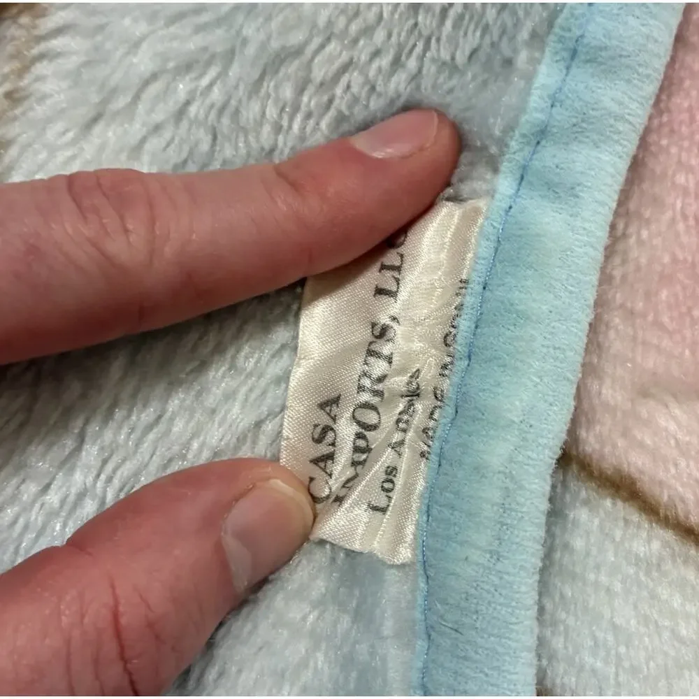 Casa Imports Baby Blanket Acrylic Plush Blue Pastel Bear Rocking Horse Spain VTG